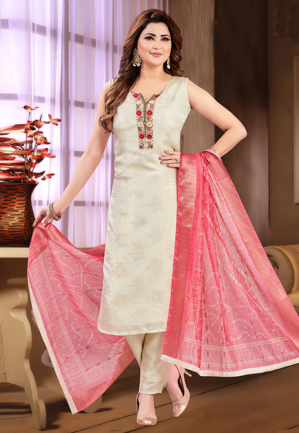 Off White Silk Readymade Pakistani Suit 305862