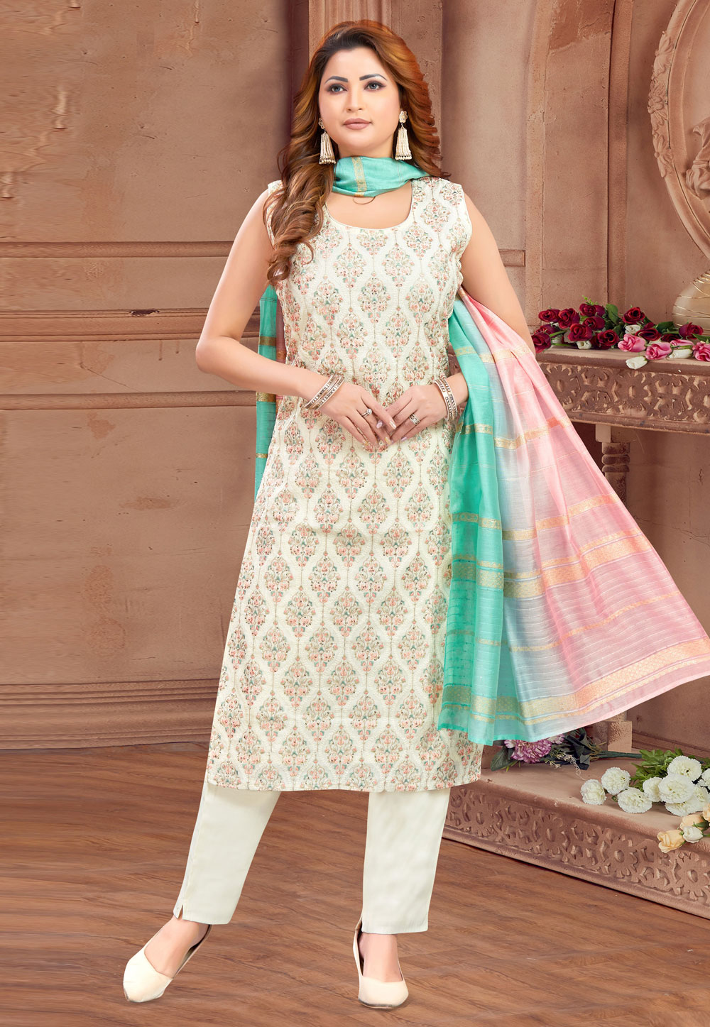 Off White Silk Readymade Pakistani Suit 305864