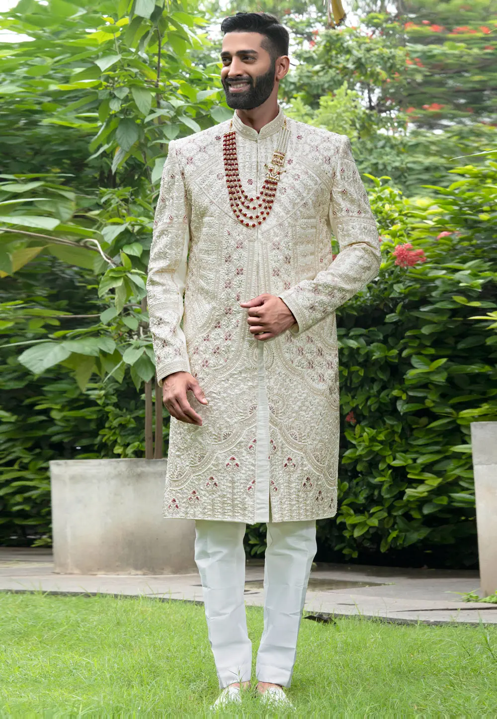 Off White Silk Sherwani 302477