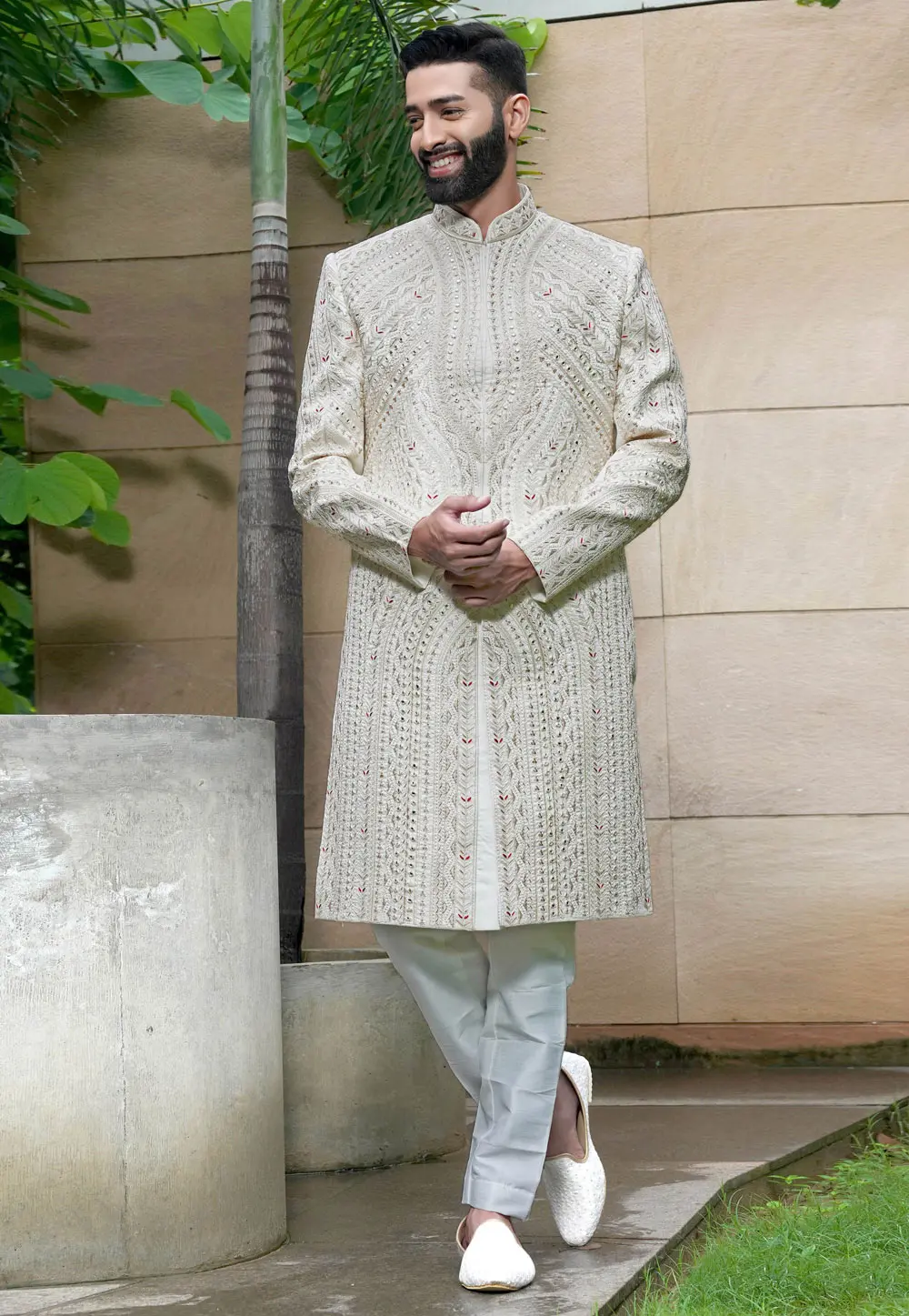 Off White Silk Sherwani 302478