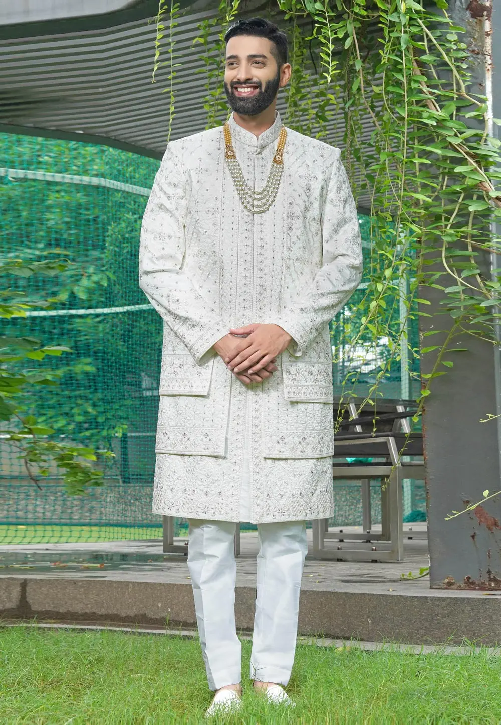 Off White Silk Sherwani 302482