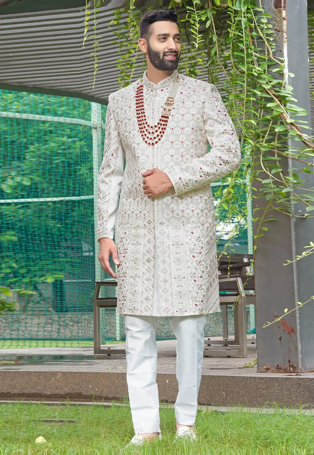 Off White Silk Sherwani 302483