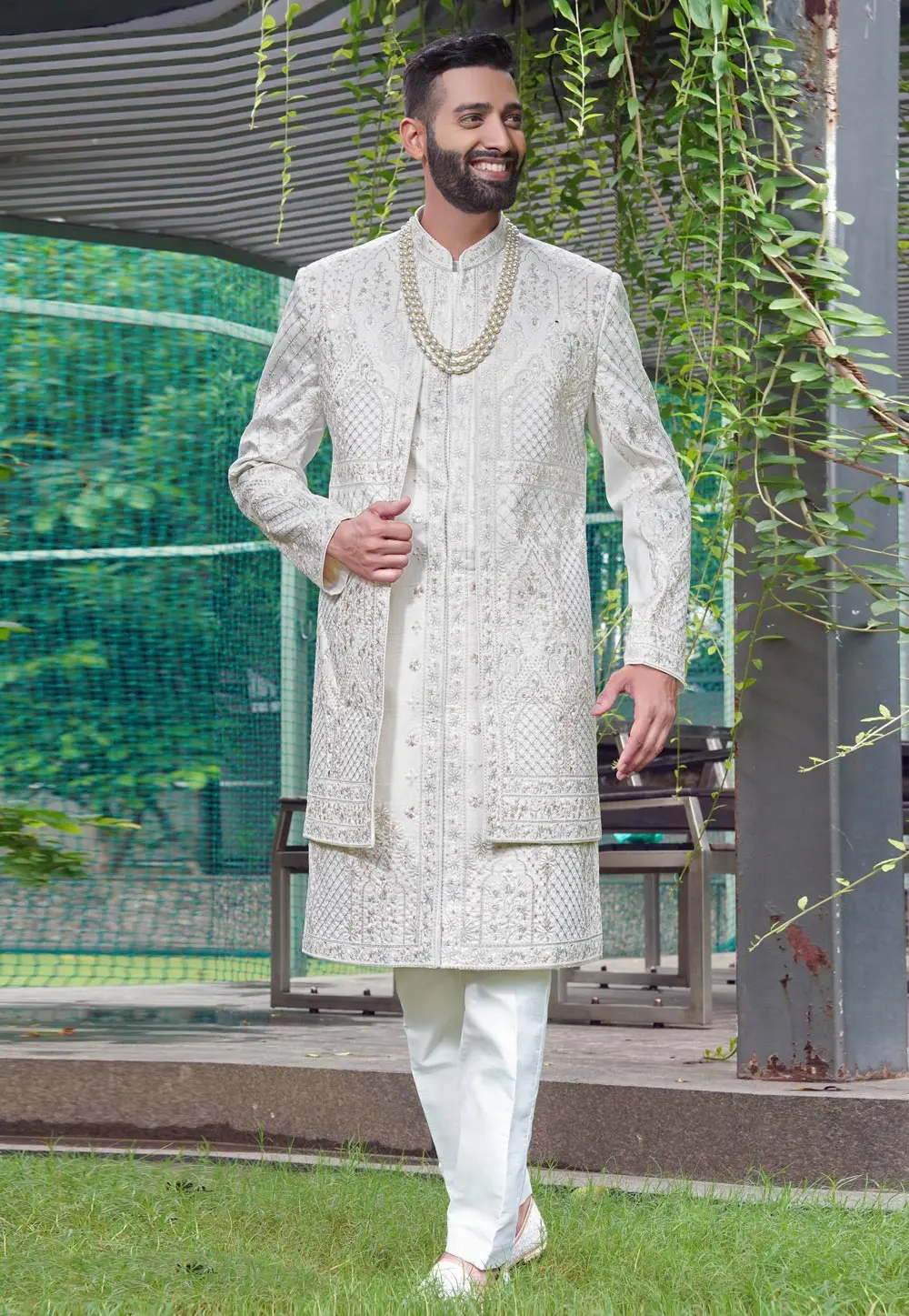 Off White Silk Sherwani 302485