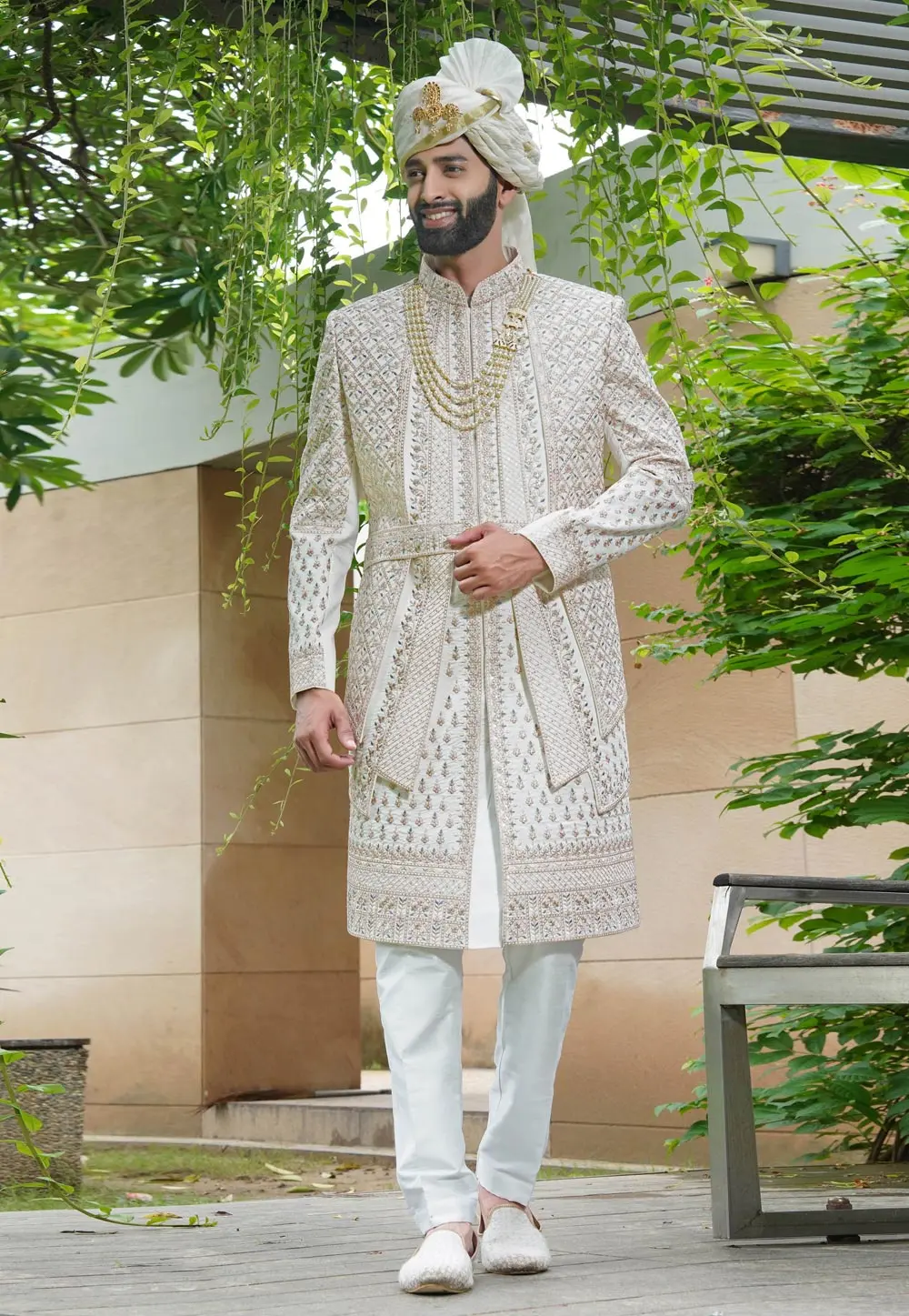 Off White Silk Sherwani 302489