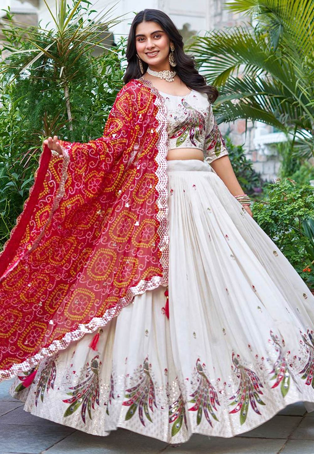 Off White Tissue Silk Readymade Circular Lehenga Choli 309951