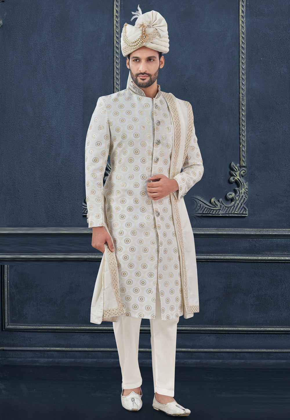 Off White Viscose Georgette Achkan Style Sherwani 305196