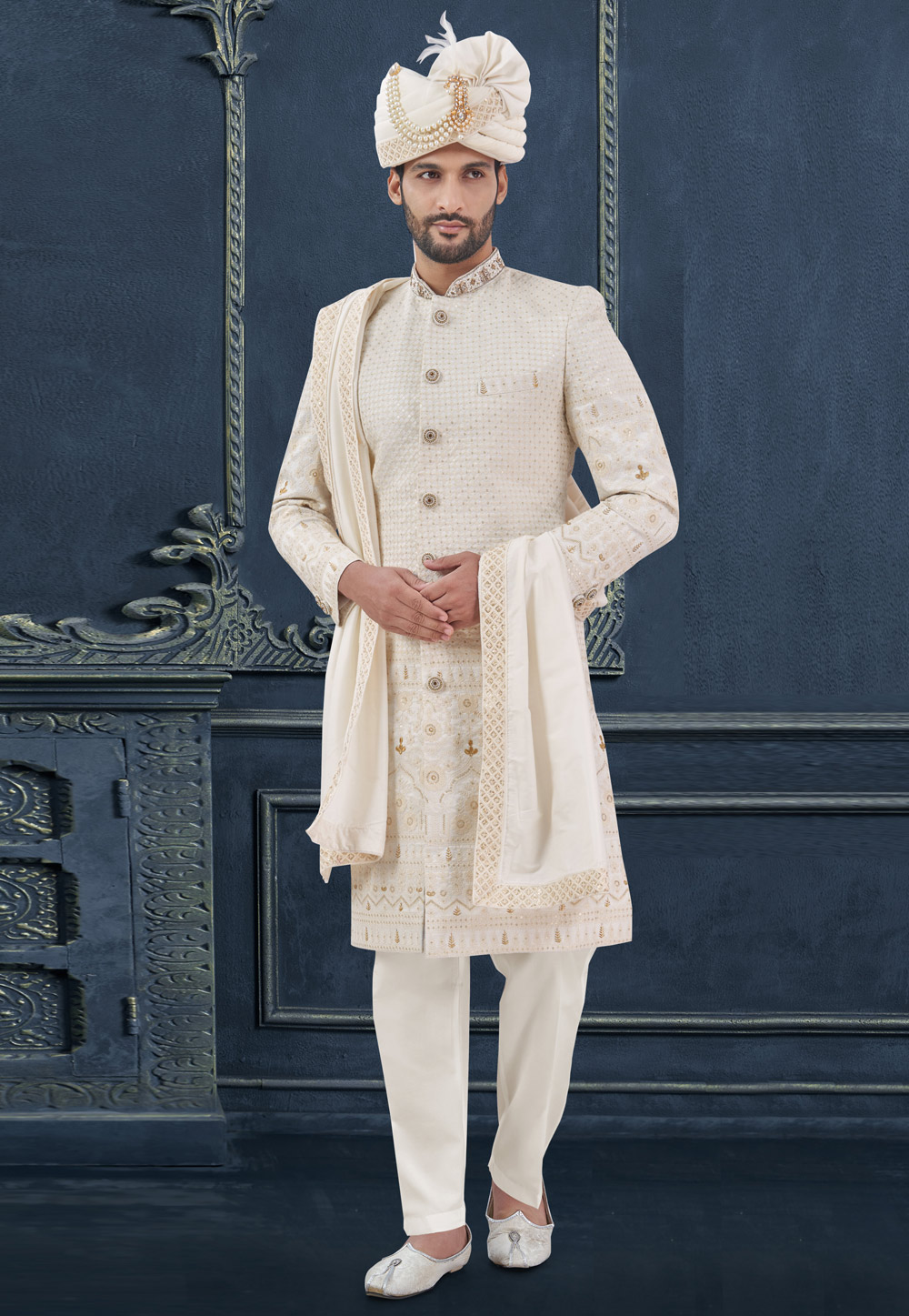 Off White Viscose Georgette Achkan Style Sherwani 305197