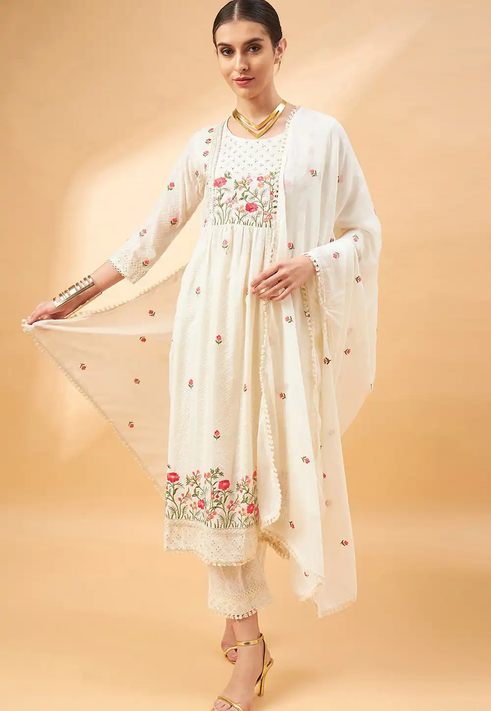 Off White Viscose Rayon Readymade Pakistani Suit 290897