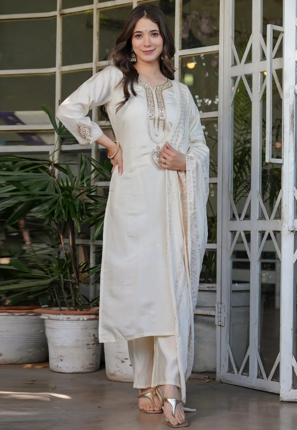 Off White Viscose Readymade Pant Style Suit 303967