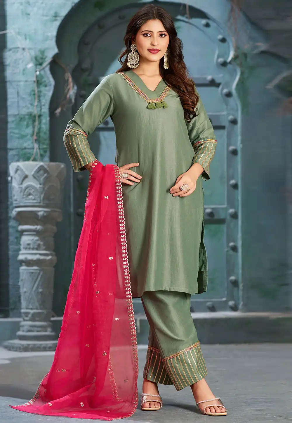 Olive Green Art Silk Readymade Pakistani Suit 294189