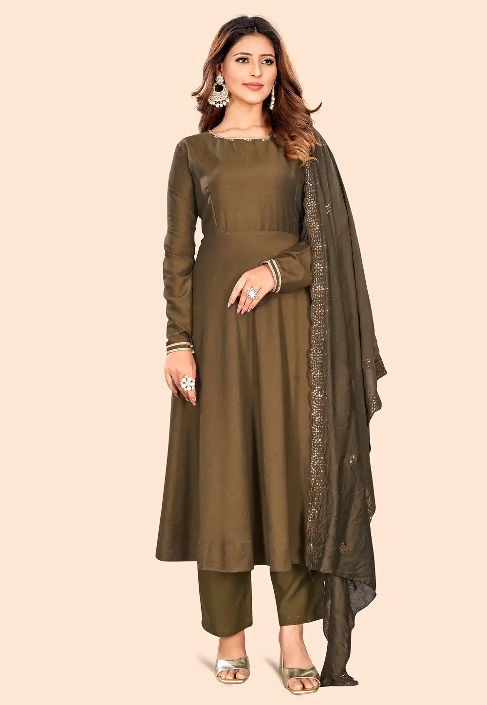 Olive Green Art Silk Readymade Pant Style Suit 288373