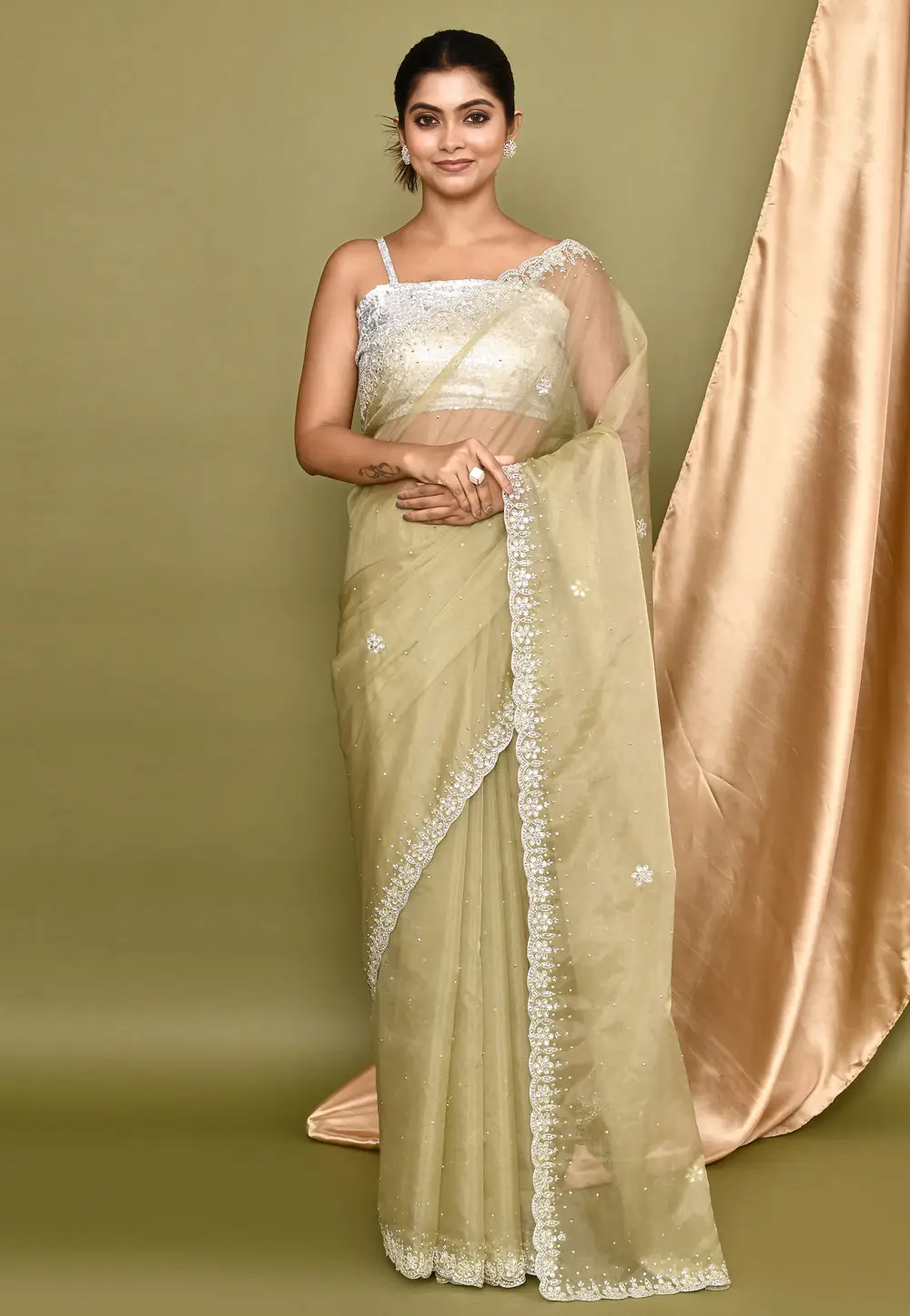 Olive Green Organza Saree With Blouse 295939