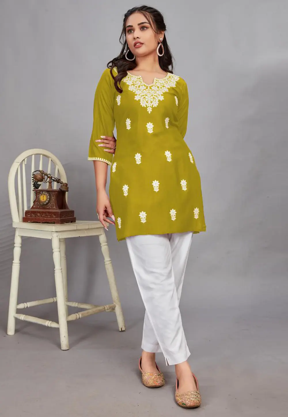 Olive Green Rayon Short Kurti 304365