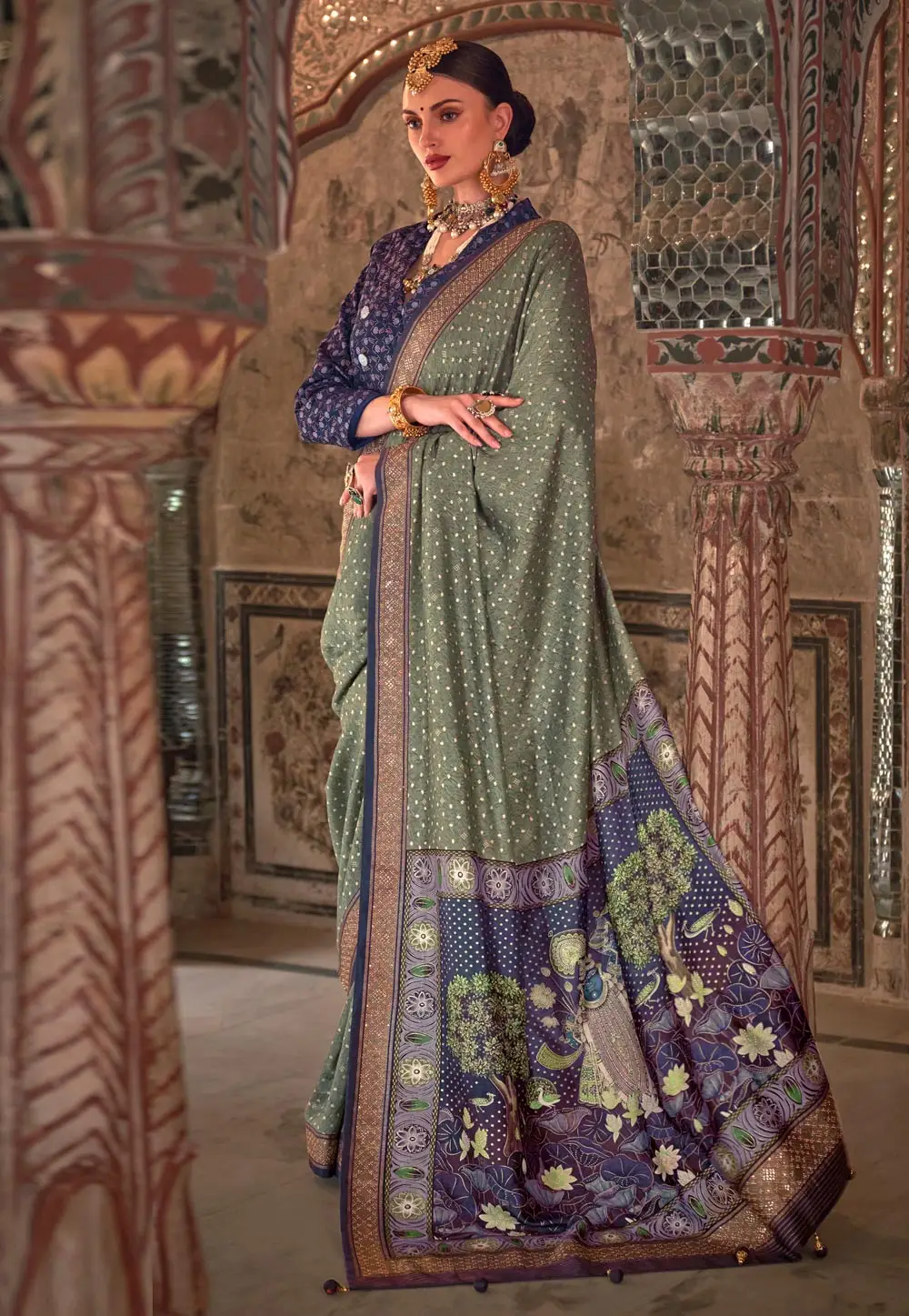 Olive Green Viscose Saree With Blouse 296317