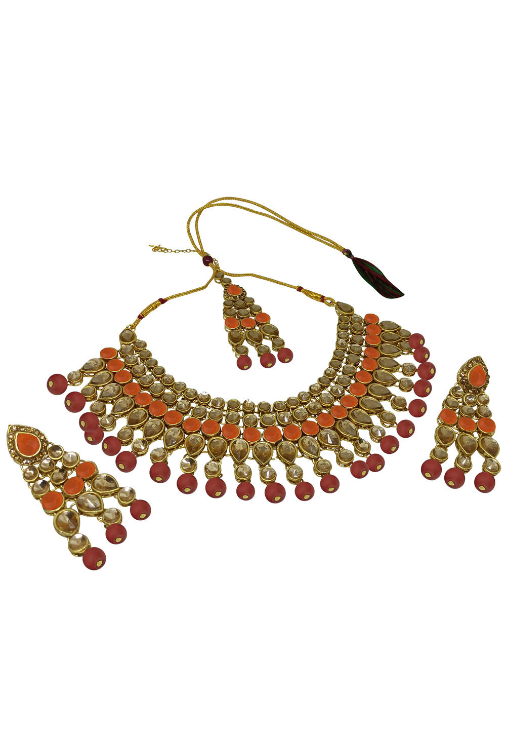Orange Alloy Austrian Diamonds and Kundan Necklace Set With Earrings and Maang Tikka 280096