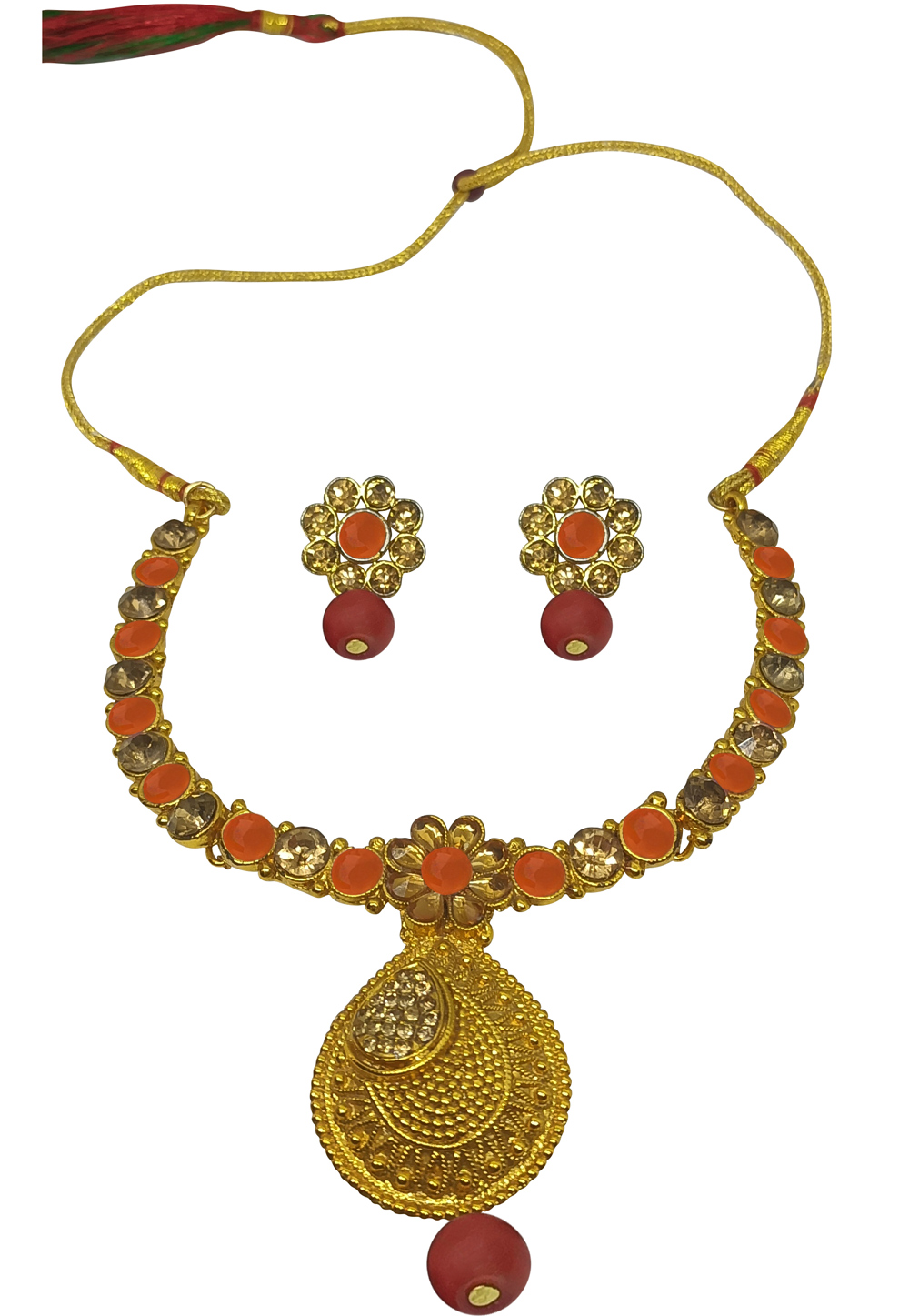 Orange Alloy Austrian Diamonds and Kundan Necklace With Earrings 280106
