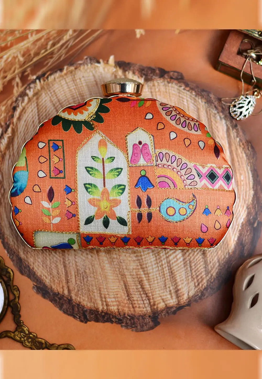 Orange Art Silk Clutch 299612