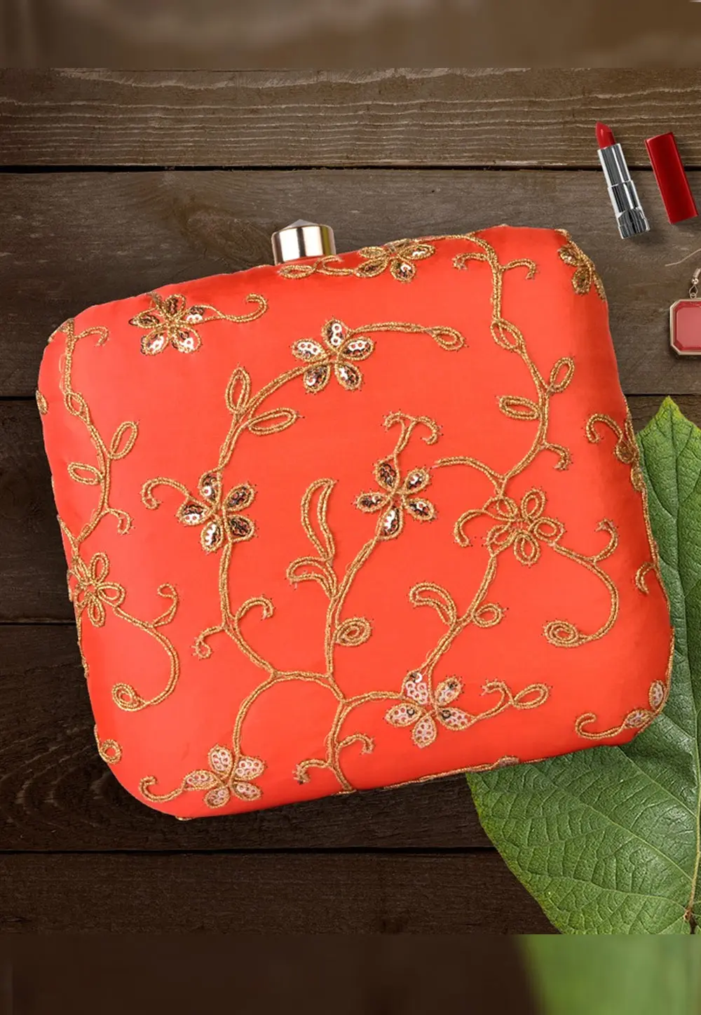 Orange Art Silk Clutch 300441