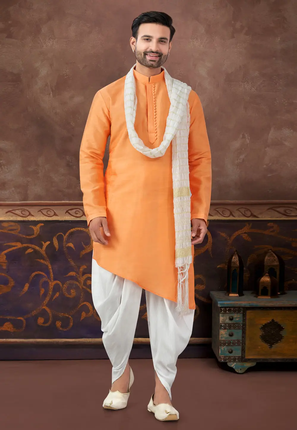 Orange Art Silk Dhoti Kurta 296916