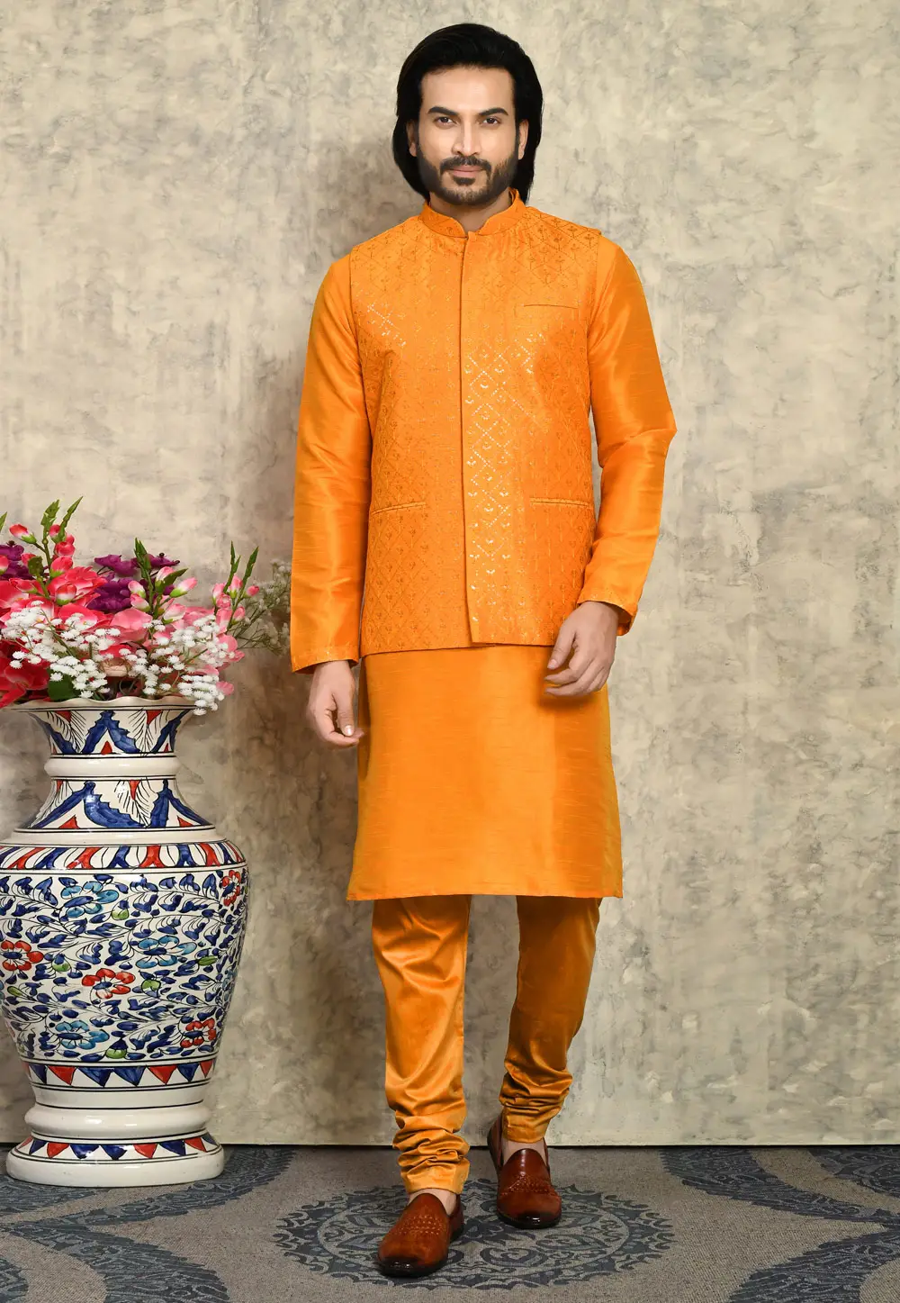 Orange Art Silk Kurta Pajama With Jacket 295439