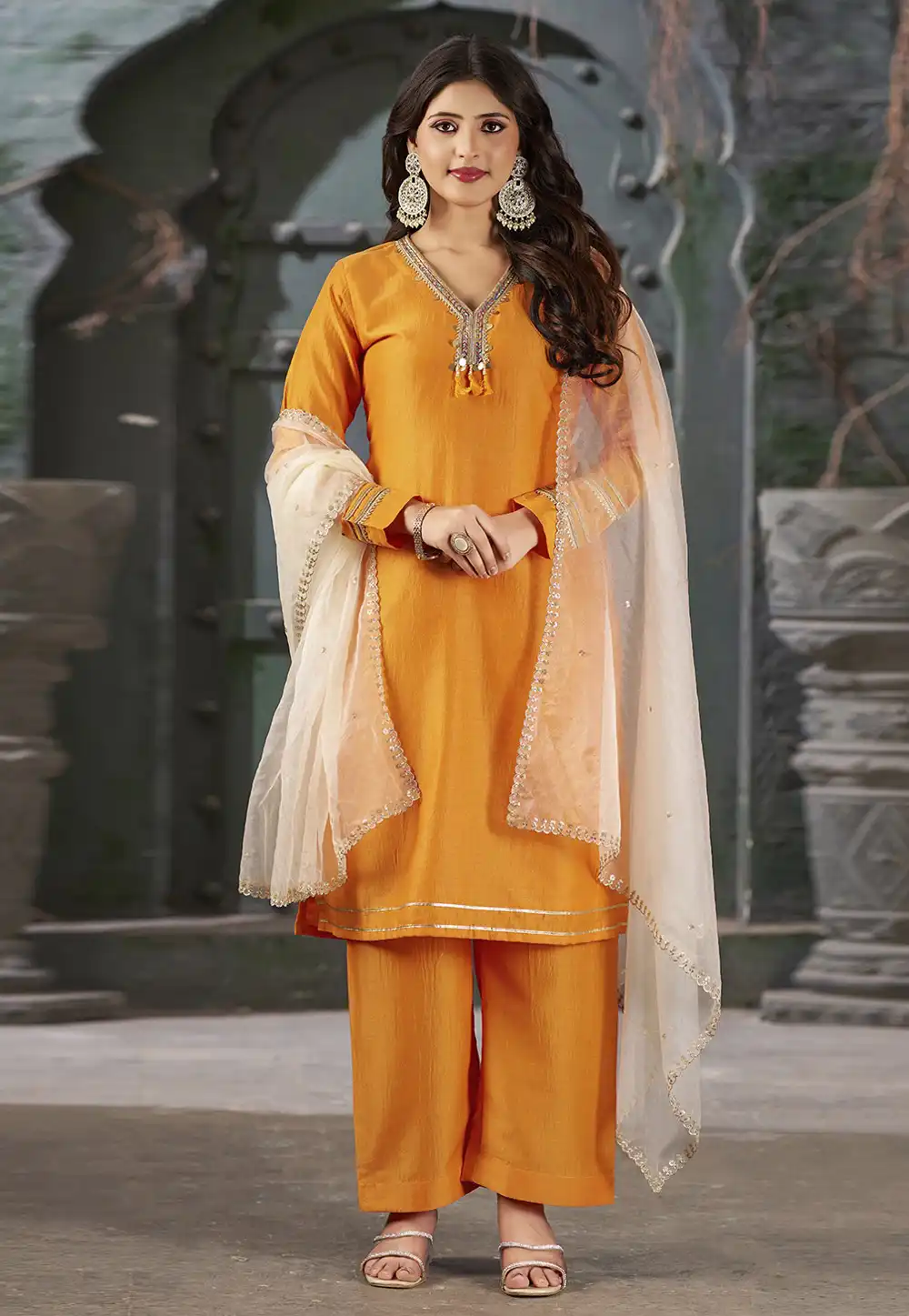 Orange Art Silk Readymade Palazzo Suit 294182