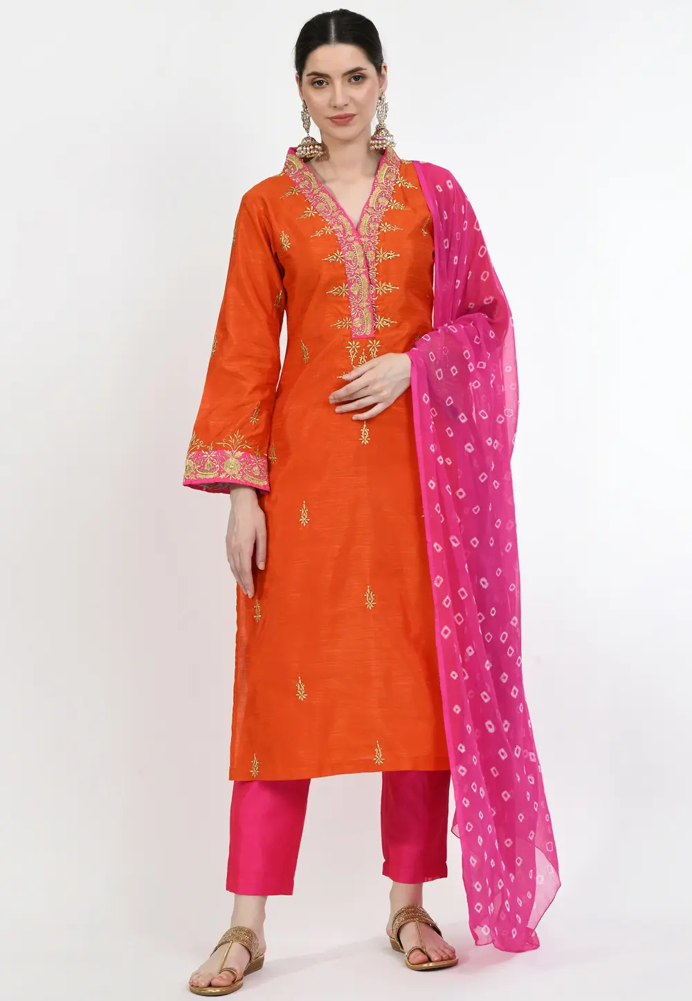 Orange Art Silk Readymade Pant Style Suit 299401