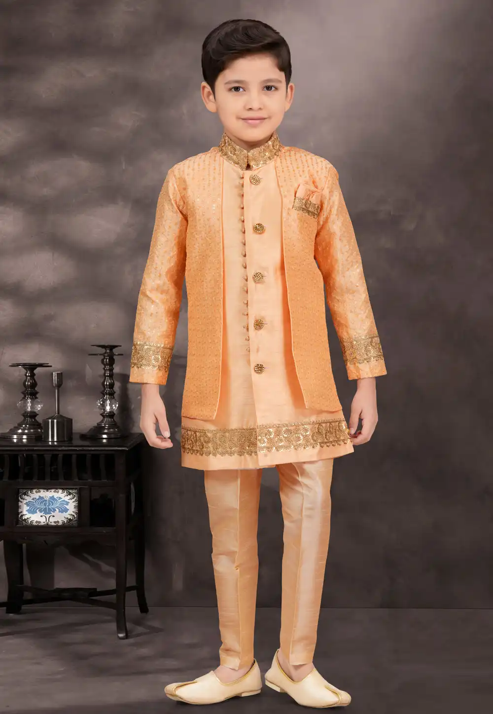 Orange Banarasi Silk Kids Indo Western Suit 294972