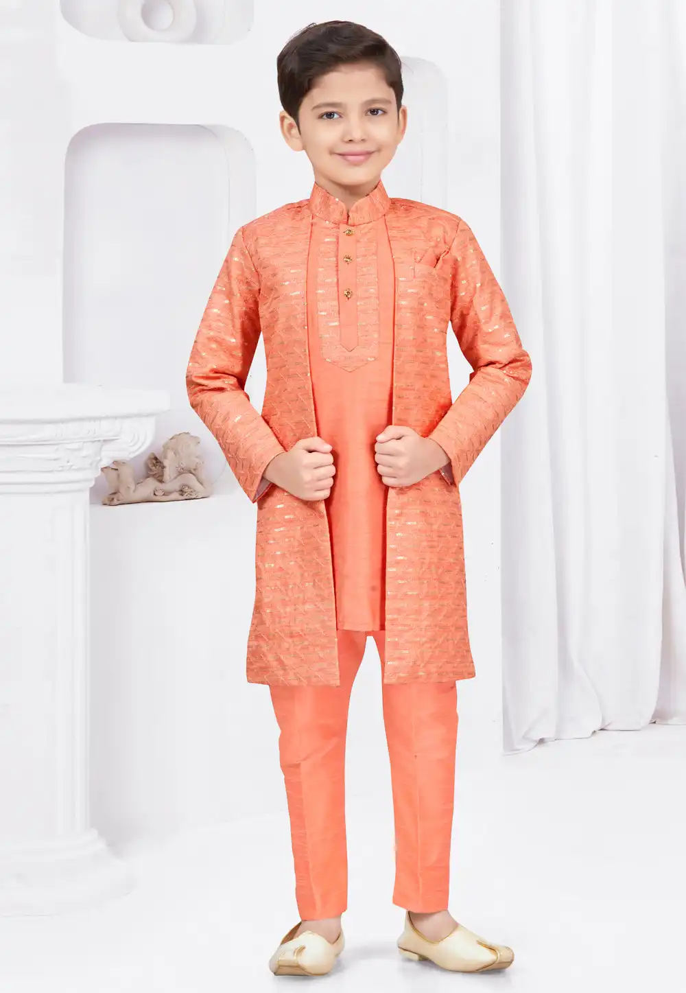 Orange Banarasi Silk Kids Indo Western Suit 294976