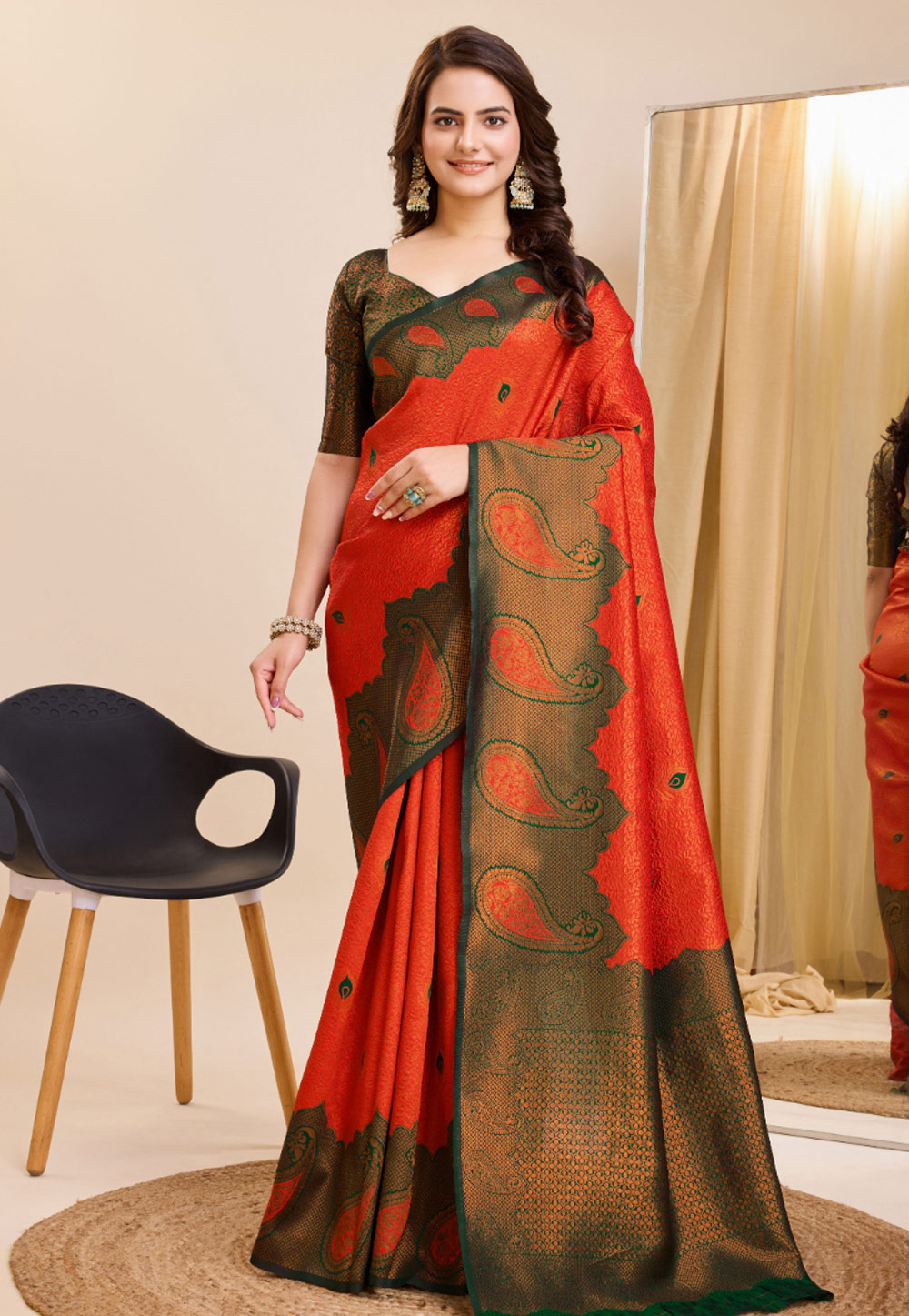 Orange Banarasi Silk Saree With Blouse 283565