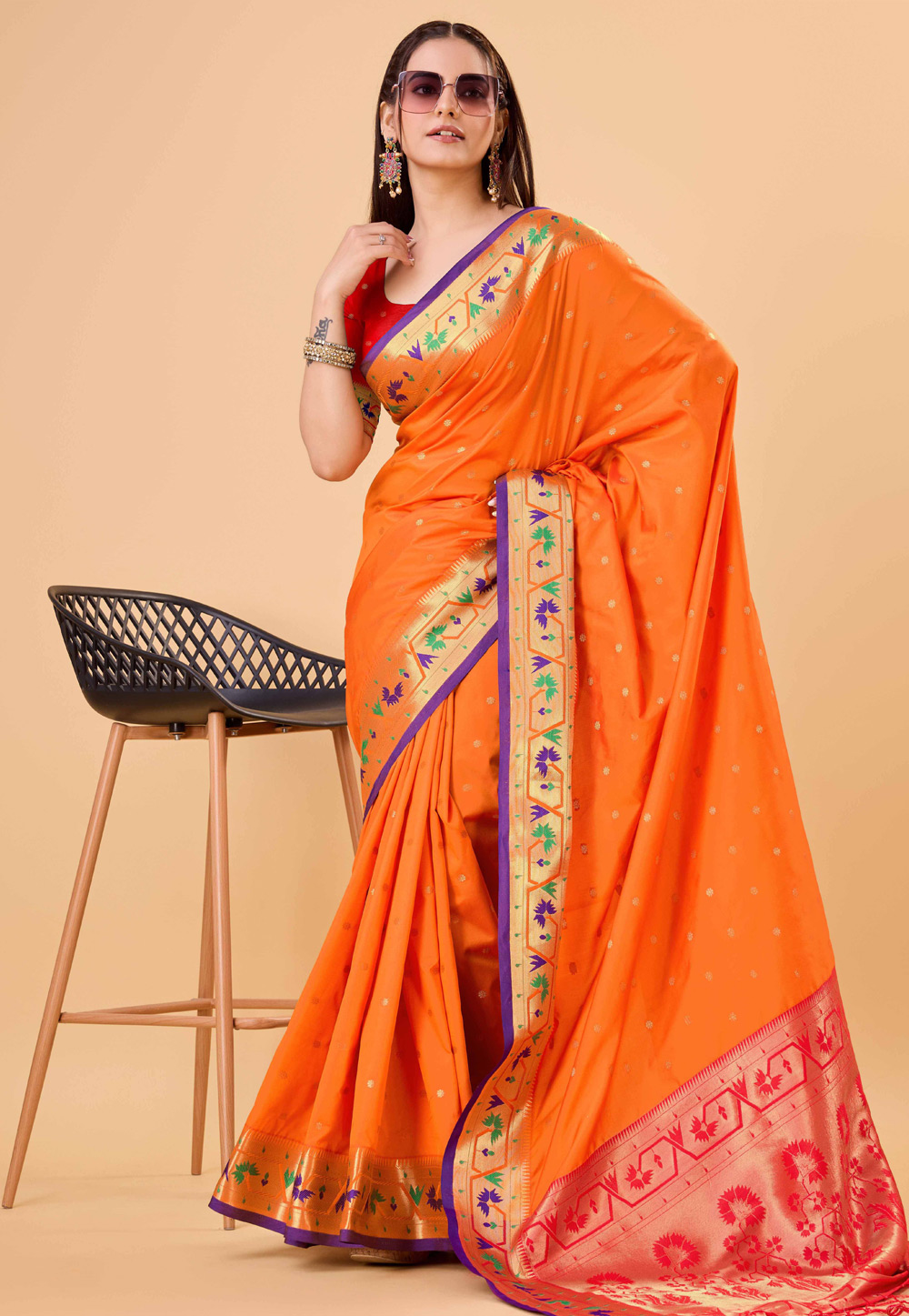 Orange Banarasi Silk Saree With Blouse 284081
