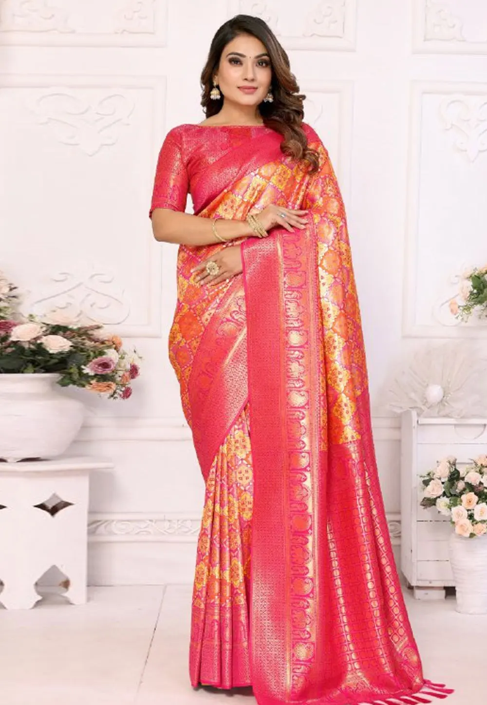 Orange Banarasi Silk Saree With Blouse 301014