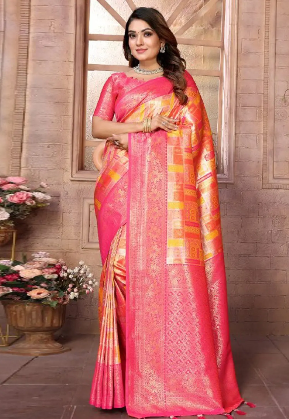 Orange Banarasi Silk Saree With Blouse 302006