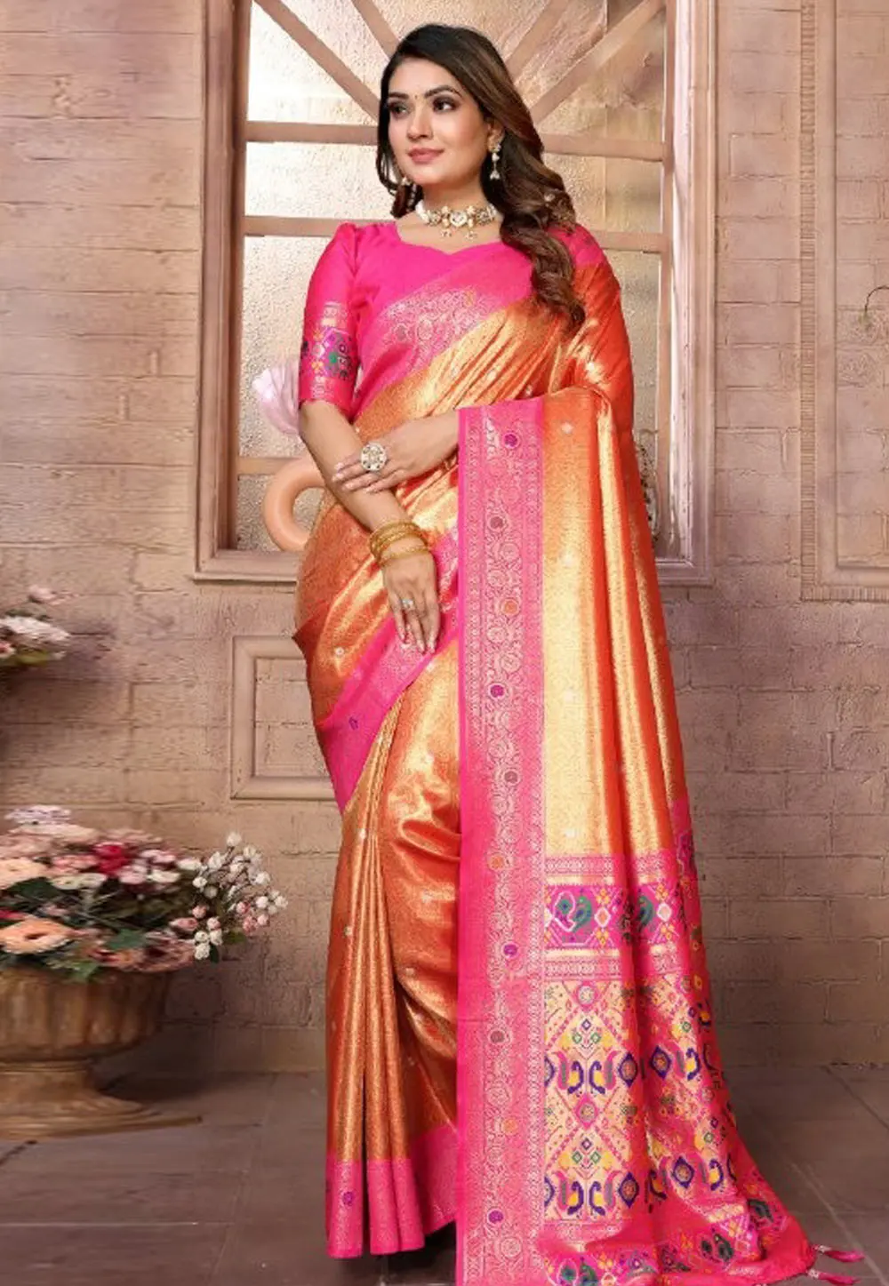 Orange Banarasi Silk Saree With Blouse 302654