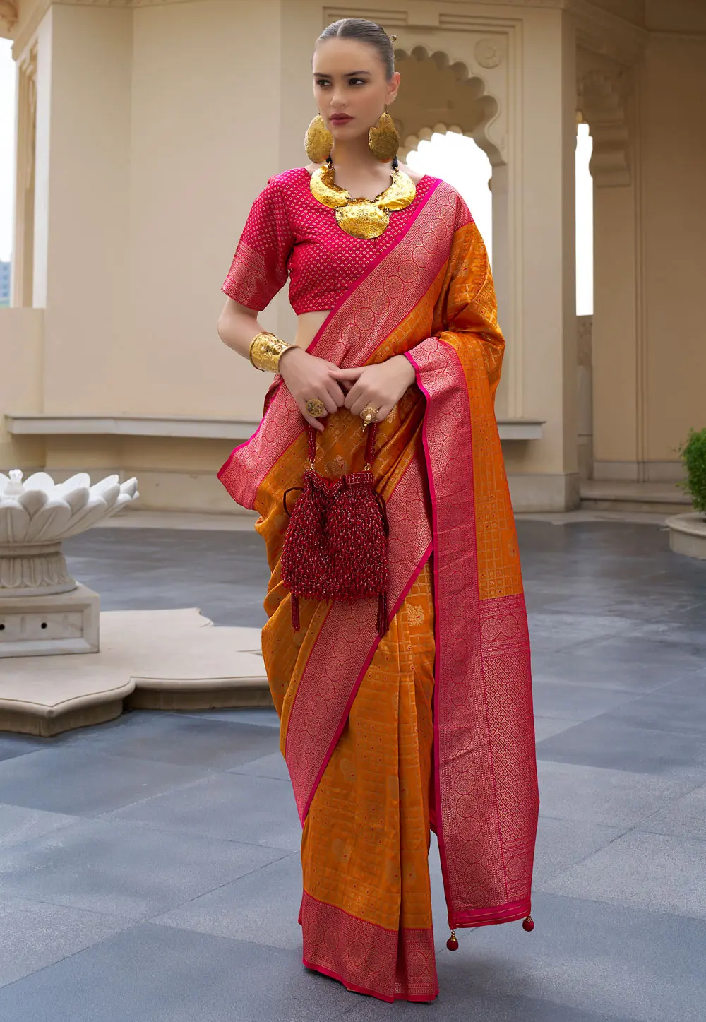 Orange Banarasi Silk Saree With Blouse 299433