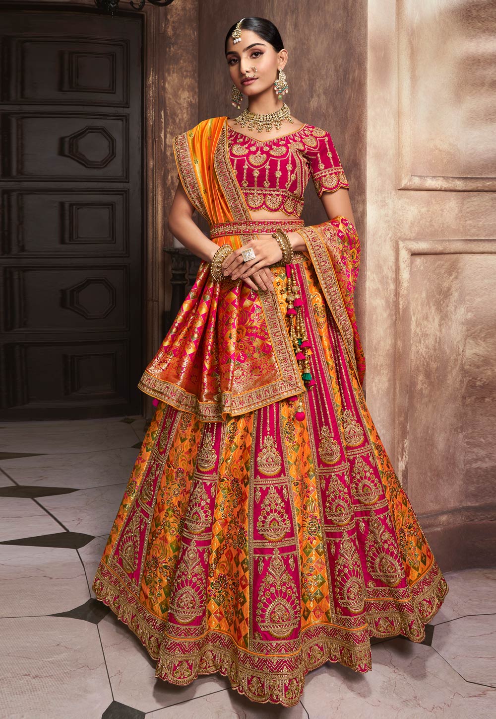 Orange Banarasi Silk Wedding Lehenga Choli 285569