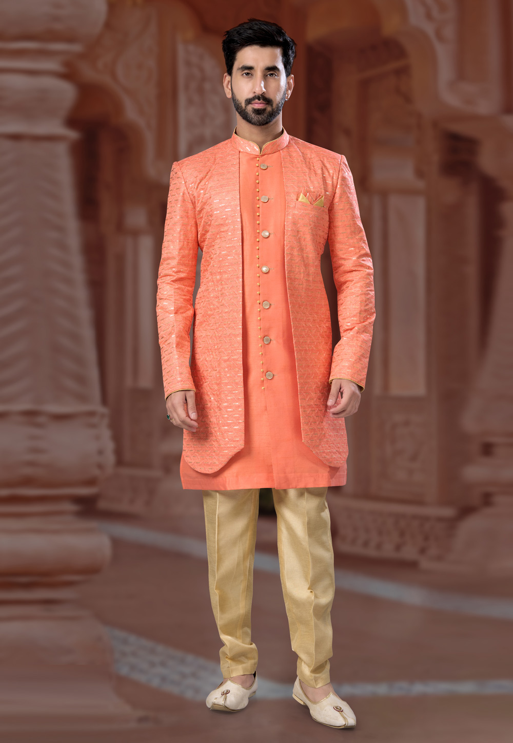 Orange Banglori Silk Jacket Style Sherwani 282251