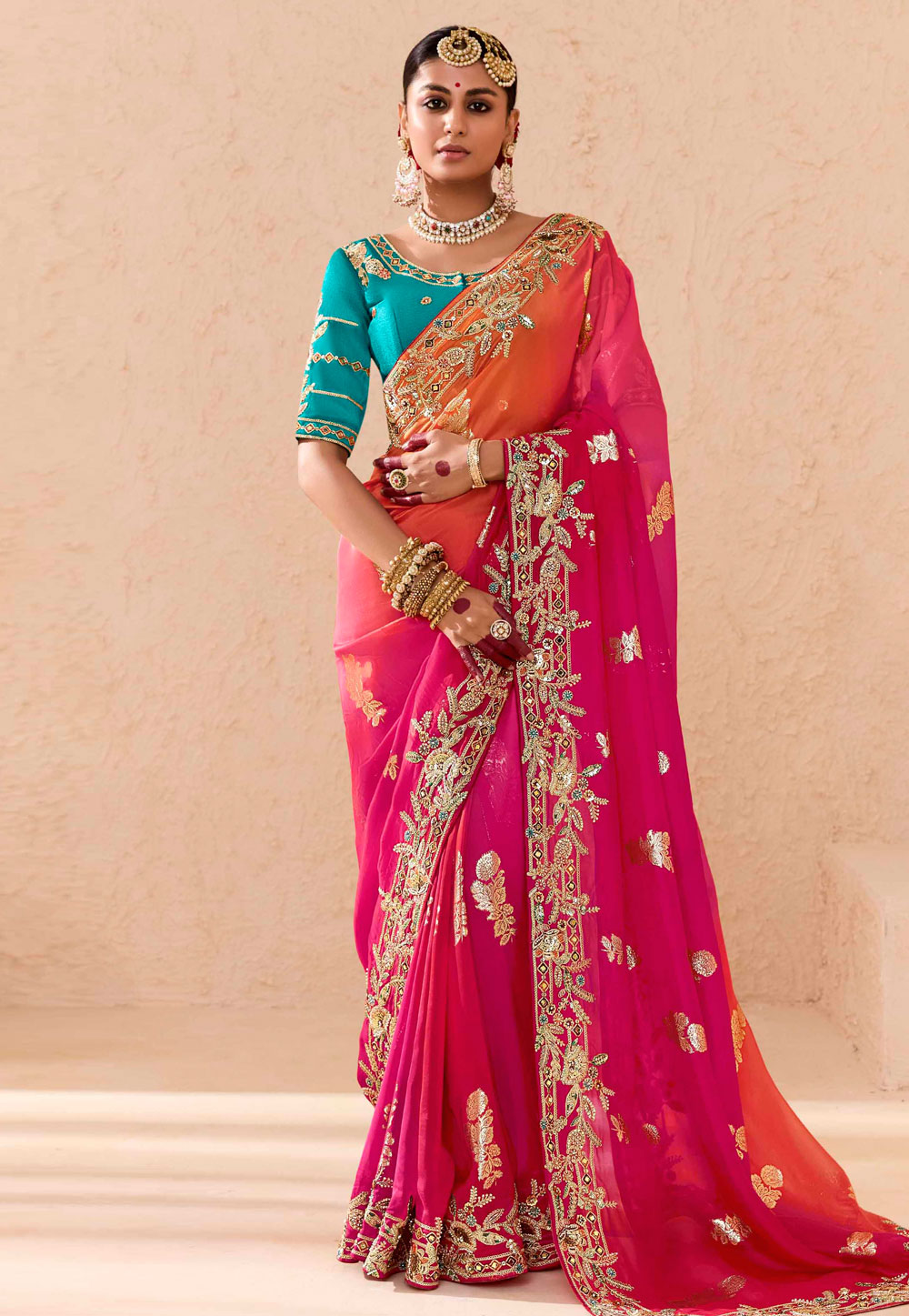 Orange Bemberg Saree With Blouse 305402