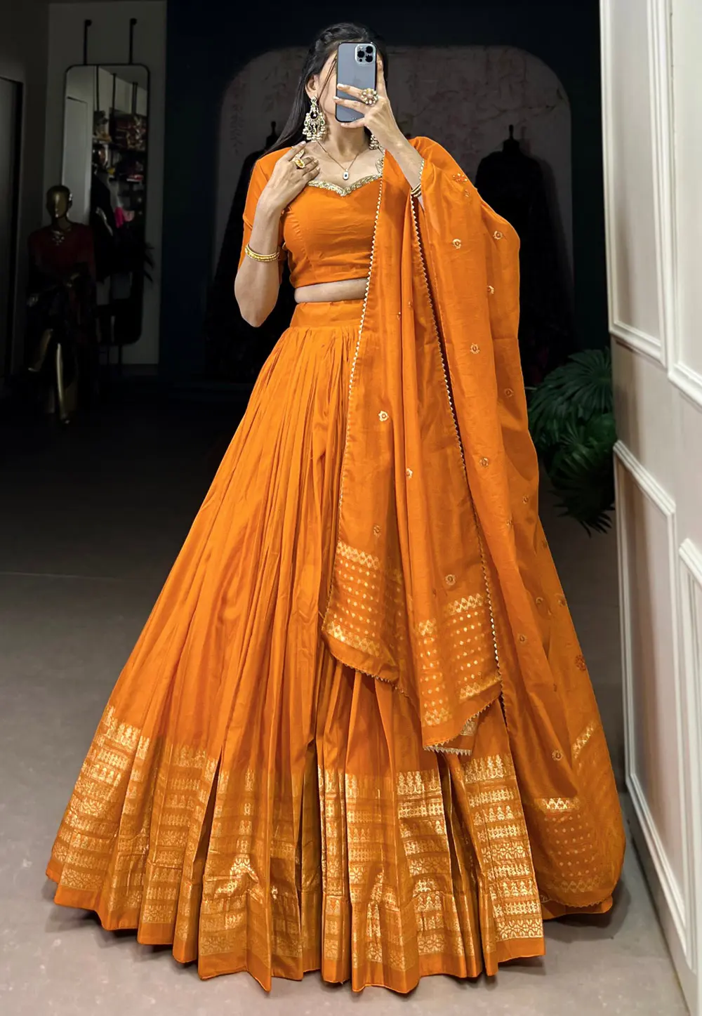 Orange Chanderi Circular Lehenga Choli 303551