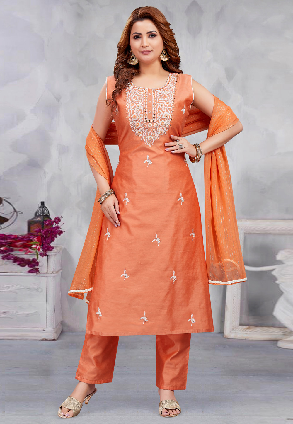 Orange Chanderi Silk Readymade Pakistani Suit 283663