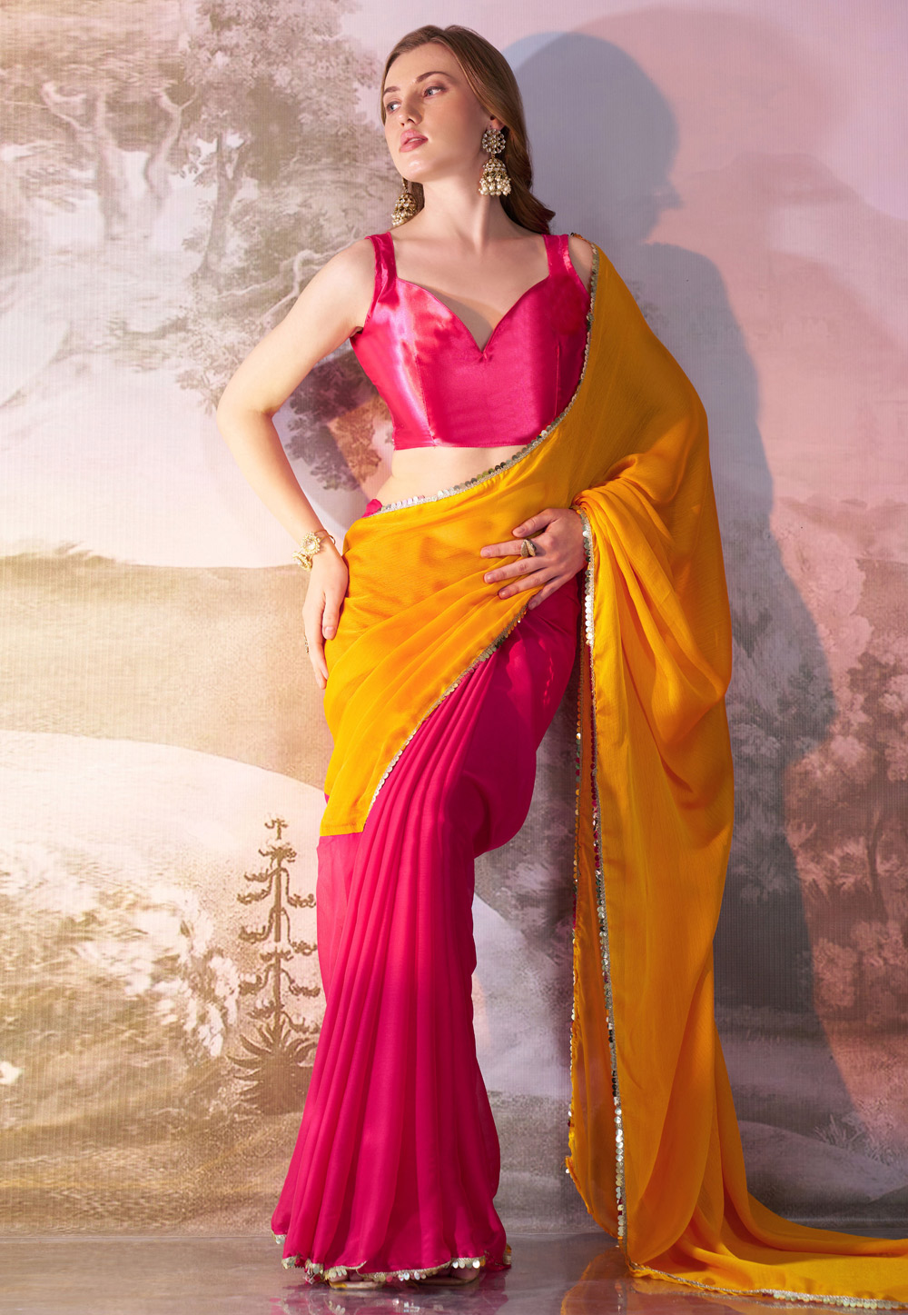 Orange Chiffon Half N Half Saree 304951