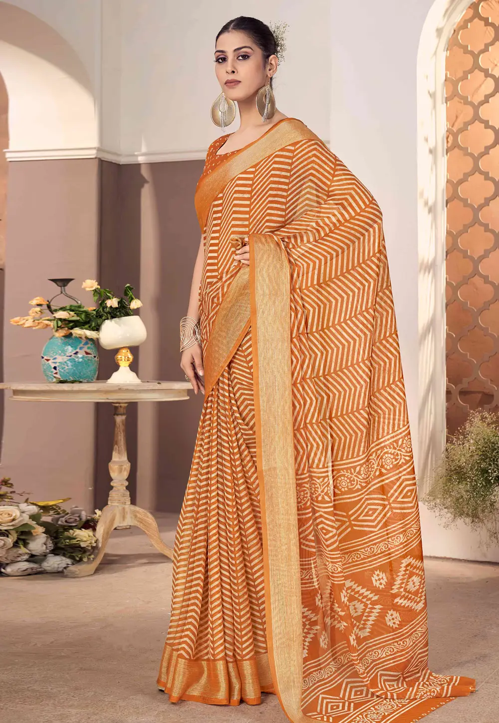 Orange Chiffon Saree With Blouse 296082