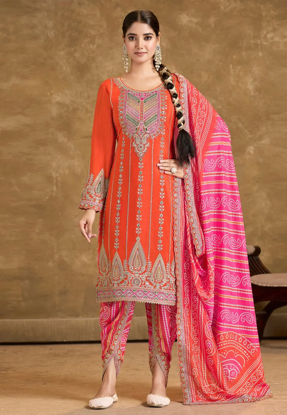 Orange Chinon Dhoti Salwar Suit 295763