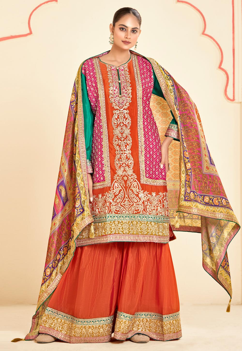 Orange Chinon Embroidered Gharara Suit 309633