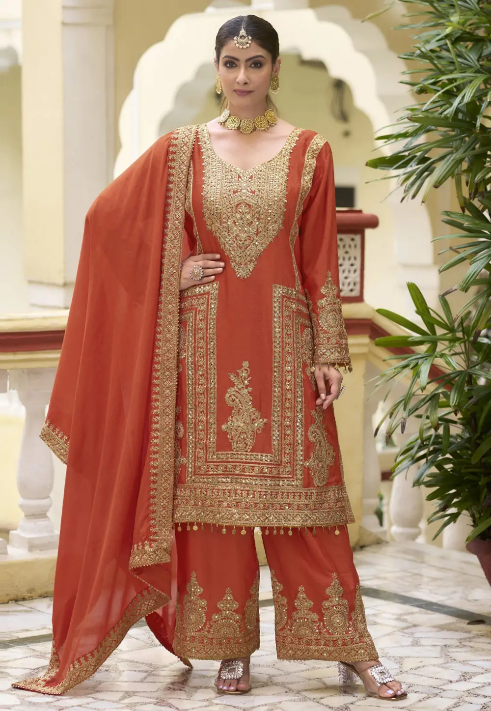 Orange Chinon Embroidered Palazzo Suit 300887