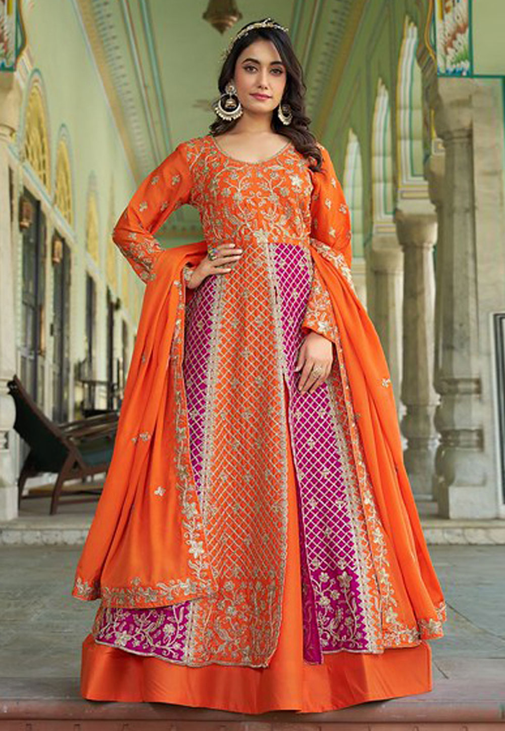 Orange Chinon Indo Western Lehenga Choli 310780