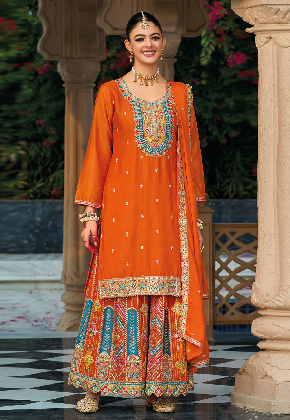 Orange Chinon Pakistani Suit 309593