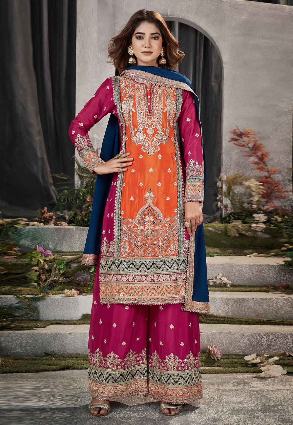 Designer Orange Georgette Printed Anarkali Suit With Dupatta