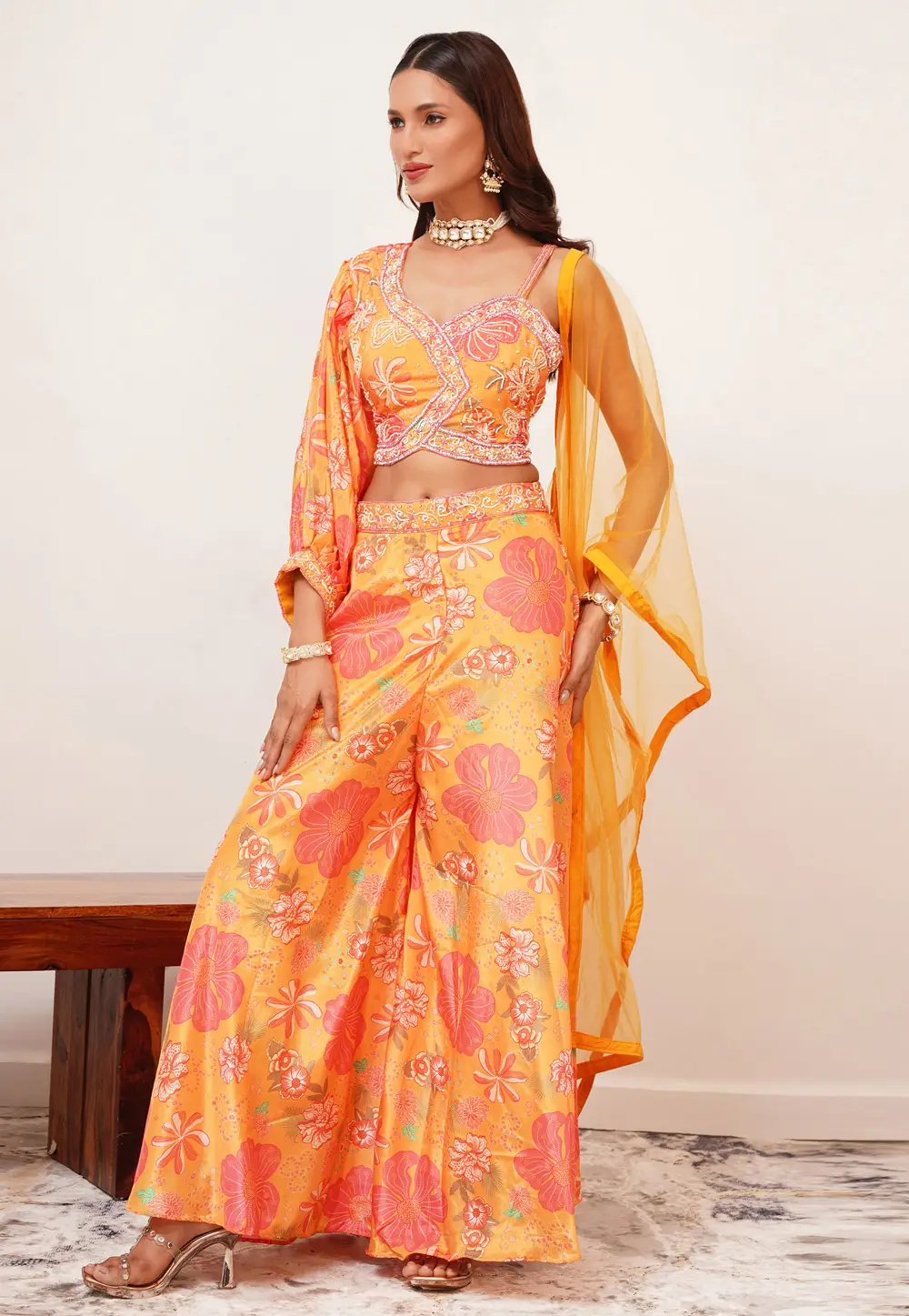 Orange Chinon Palazzo With Crop Top 296244