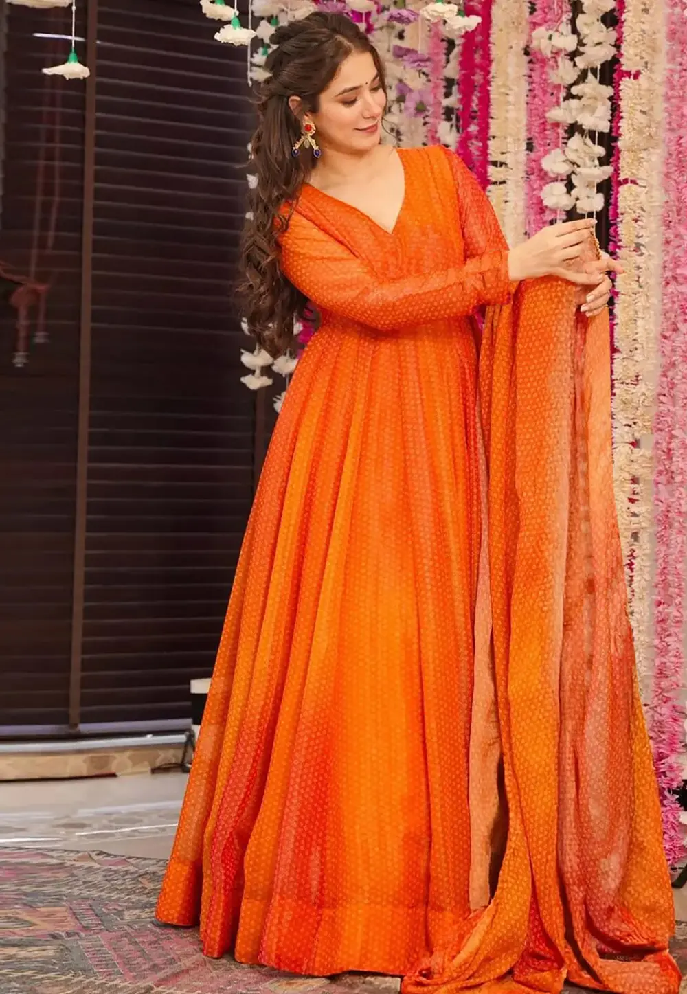 Orange Chinon Readymade Long Anarkali Suit 302883