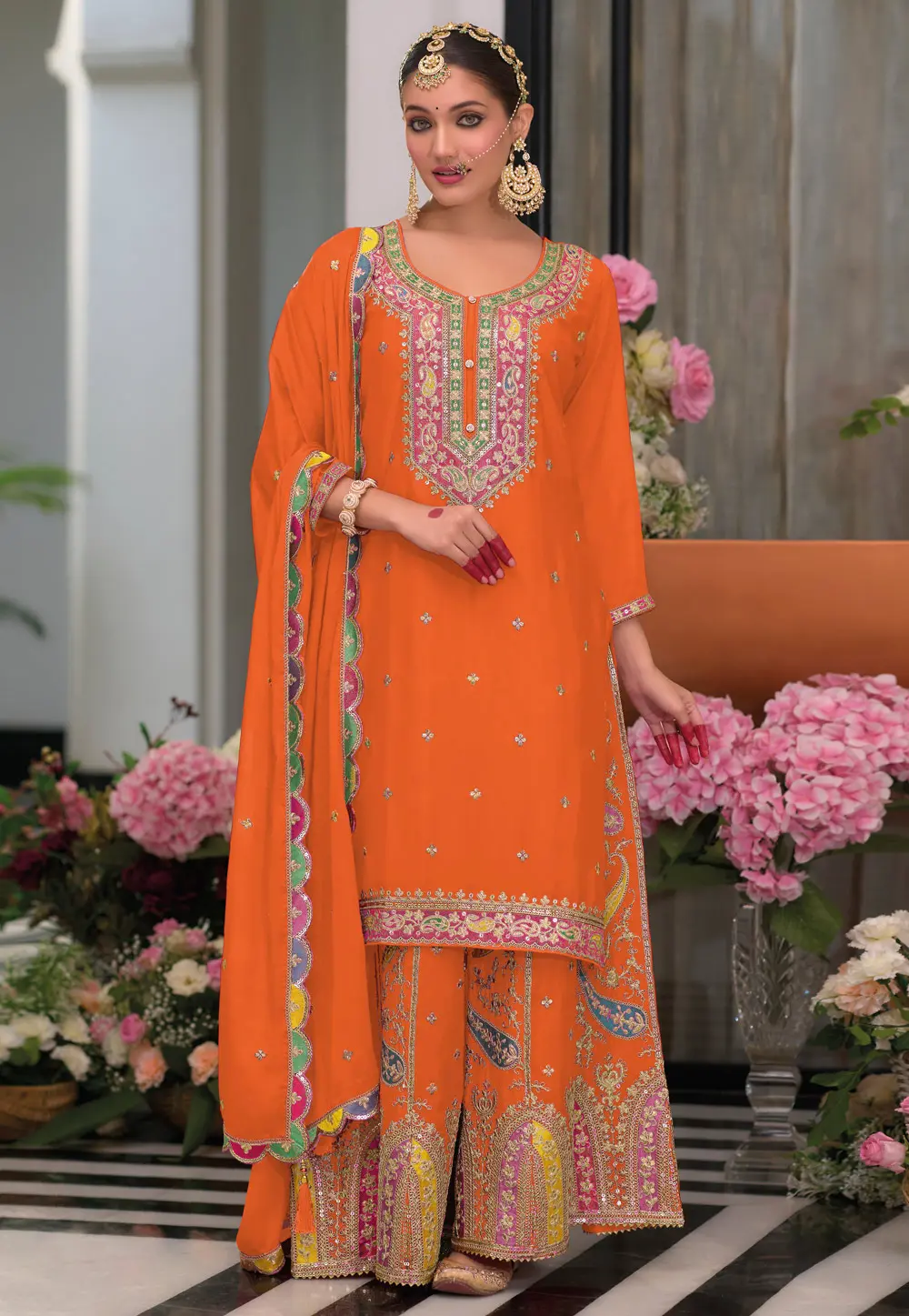 Orange Chinon Readymade Palazzo Suit 299529